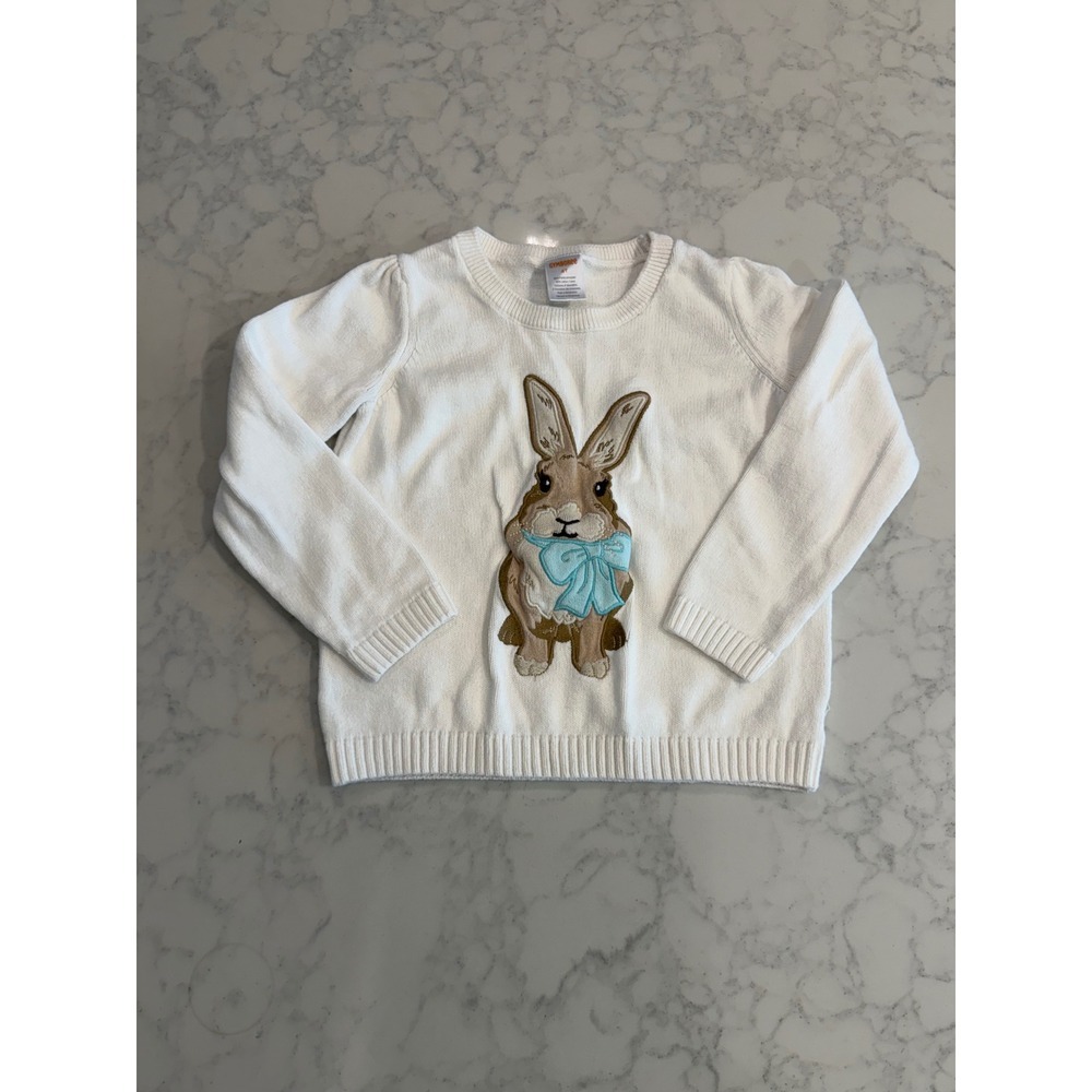 Gymboree Girls 4T White Cotton Knit Bunny Rabbit Applique Sweater‎ Blue Bow